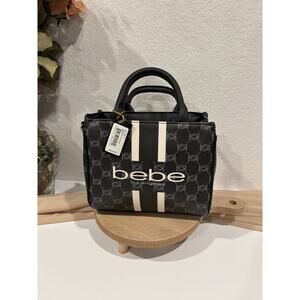 bebe Black White Monogram Logo Small Satchel Top Handle Zip Detachable Strap